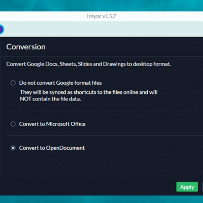 Insync Conversion Option Screen, setting to OpenDocument