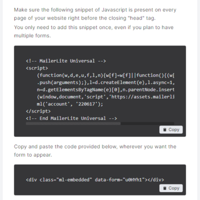 MailerLite Form Embed Options